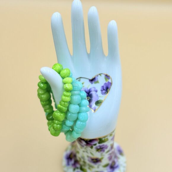 Chunky Beaded Stretch Bracelet - Lime Green & Aqua Blue Stones Boho Jewelry - Picture 5 of 7